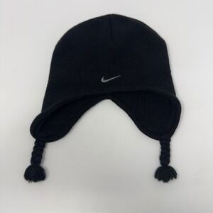 Nike Toddler Black Knit Trapper Beanie Hat Silver Swoosh Ear Flaps Tassels EUC